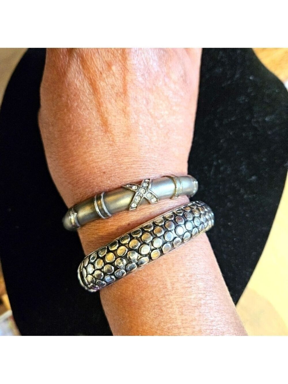 Vintage Crystal X and Pebbled Silver-tone Magnetic Hinged Bracelets (2)